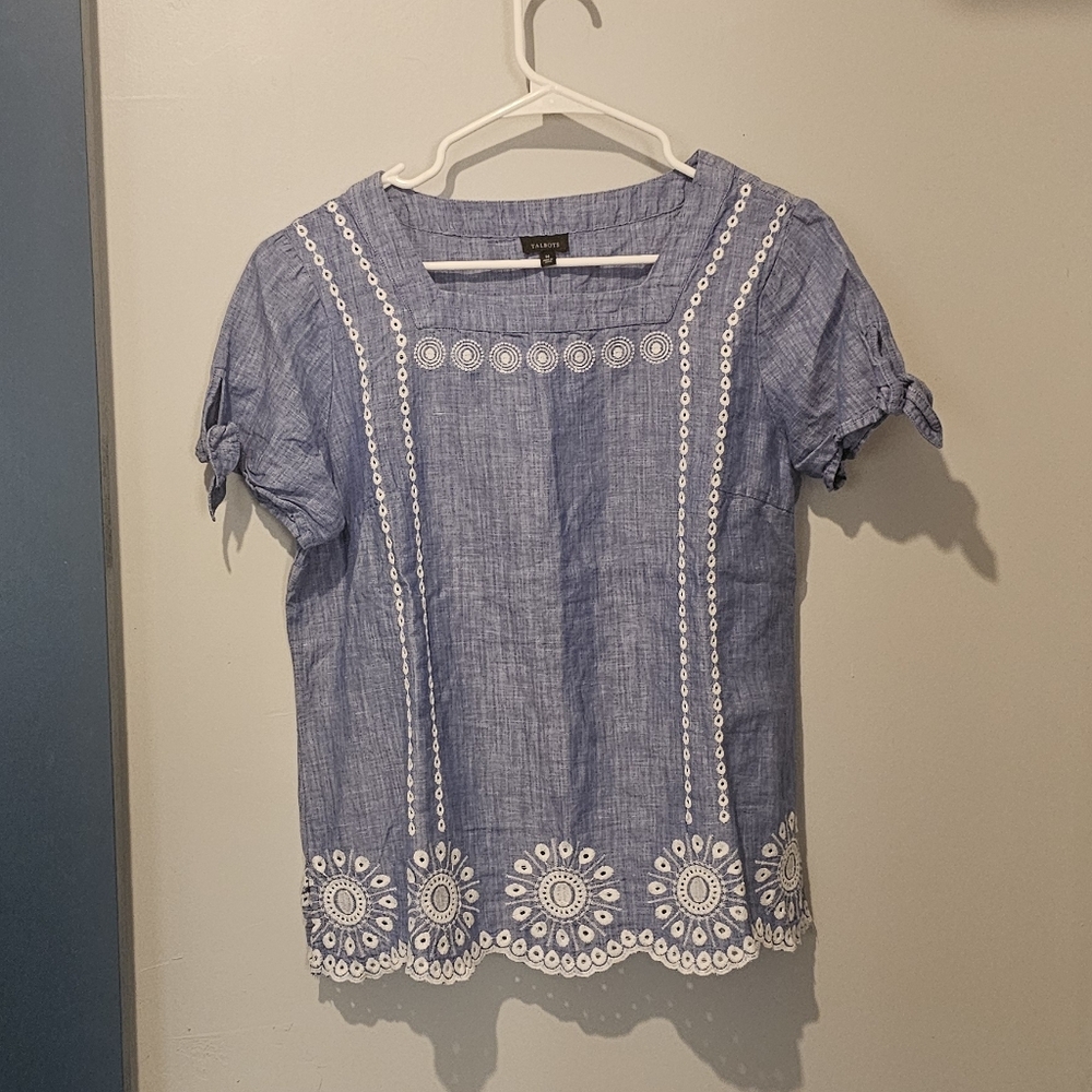 Talbots Blue Blouse with White Embroidery